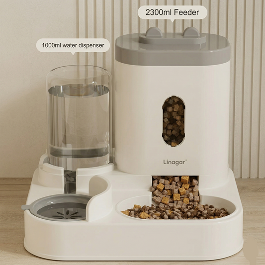 Gravity All-in-One Pet Feeder-Waterer: 2.3L Food + 1L Water with Splash-Proof Filter
